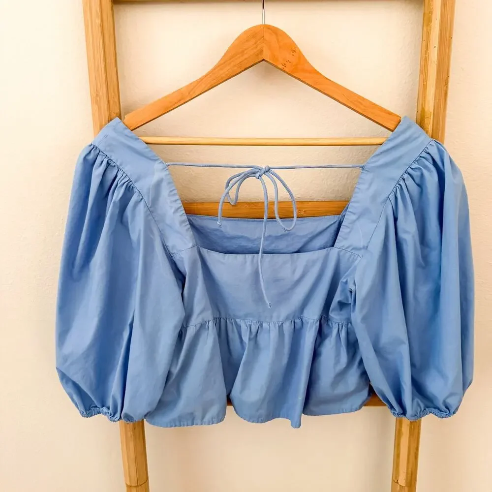 Abercrombie & Fitch Blue Puff Sleeve Tie Back Peplum Blouse Top S Cottagecore